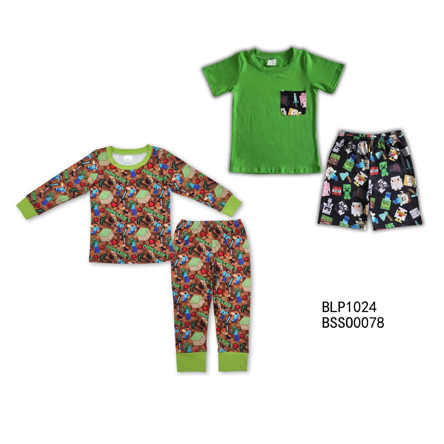 BLP1024+BSSO0078 Baby boy game green top pants pajamas set and short-sleeved shorts set