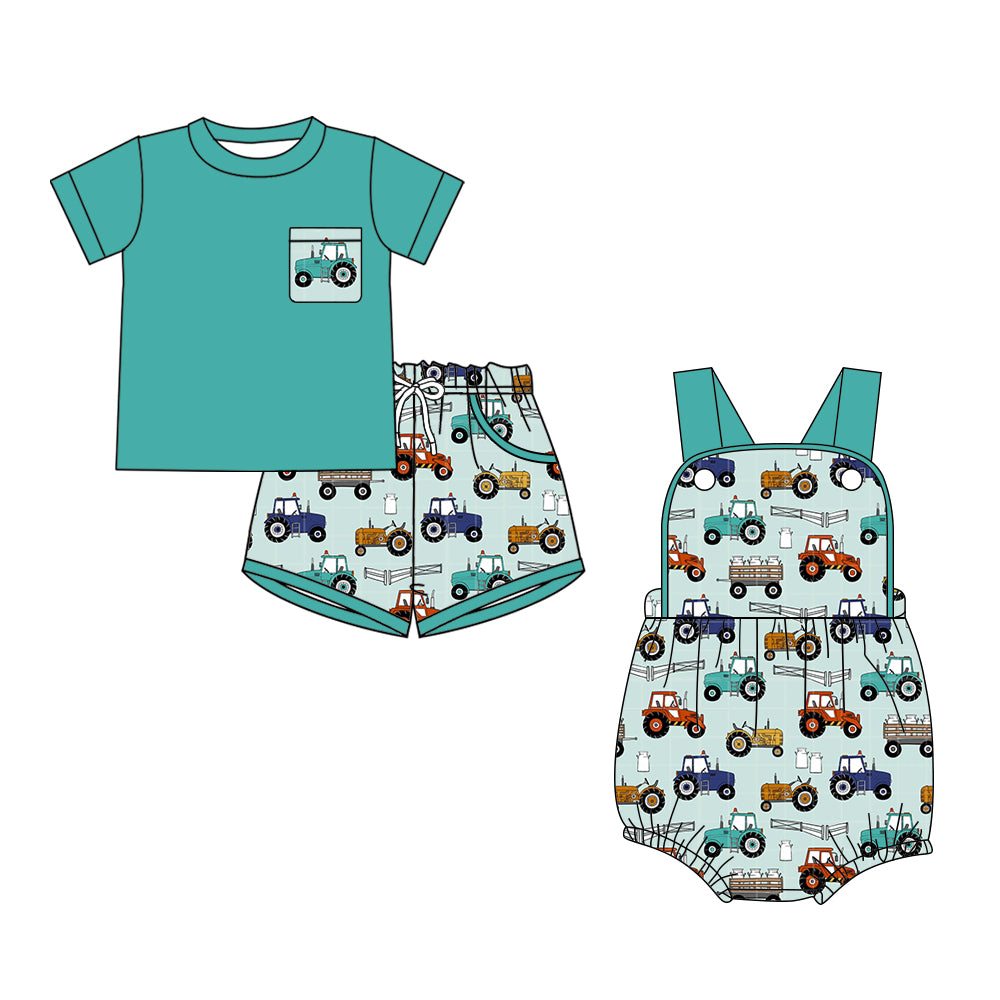 CUSTOM MOQ 5 Sibling Baby Boys Summer Green Car Short Sleeve Shorts Rompers Clothes Sets