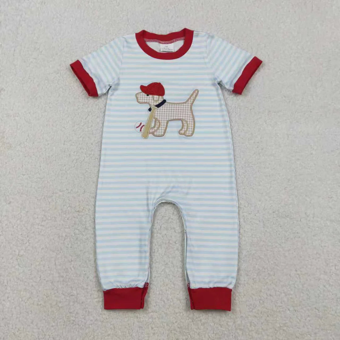 12.2 RTS Sibling Baby Boys Embroidery Baseball Dogs Stripe Pockets Pants Team Set Footie Rompers