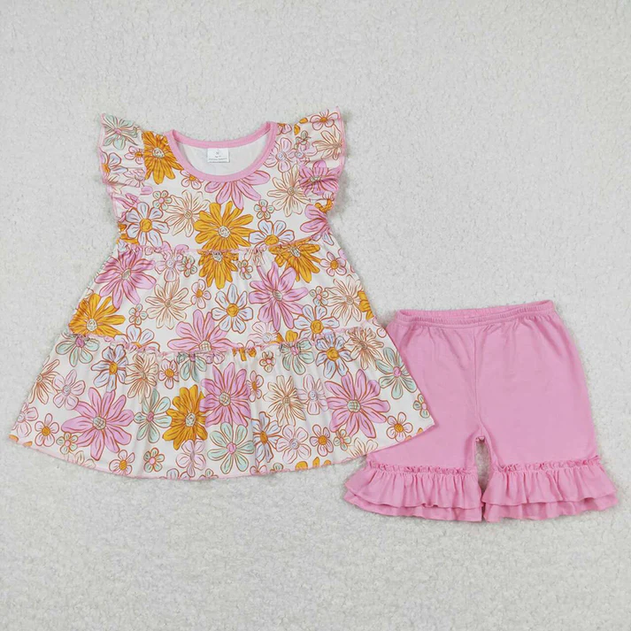Baby Girls Colorful Floral Pattern Fly Sleeve Top Lace-up Shorts Set