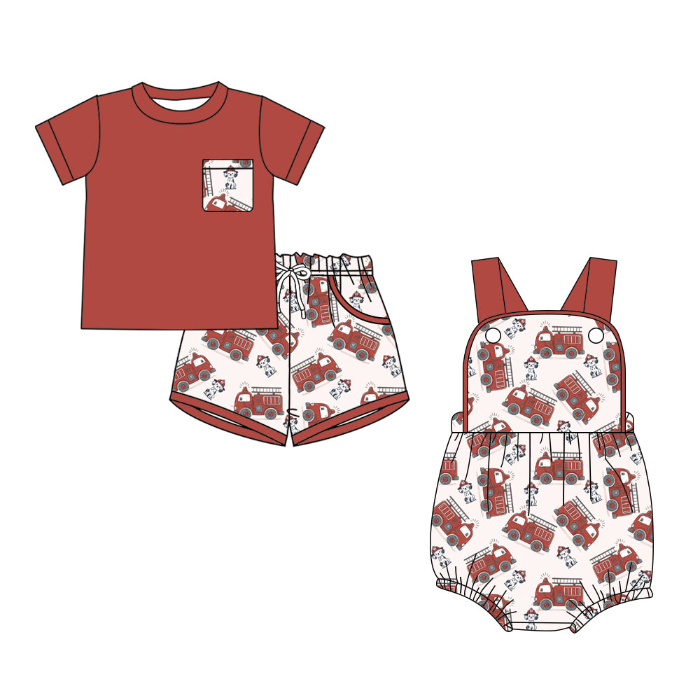 CUSTOM MOQ 5 Sibling Baby Boys Summer Red Dog Short Sleeve Shorts Rompers Clothes Sets