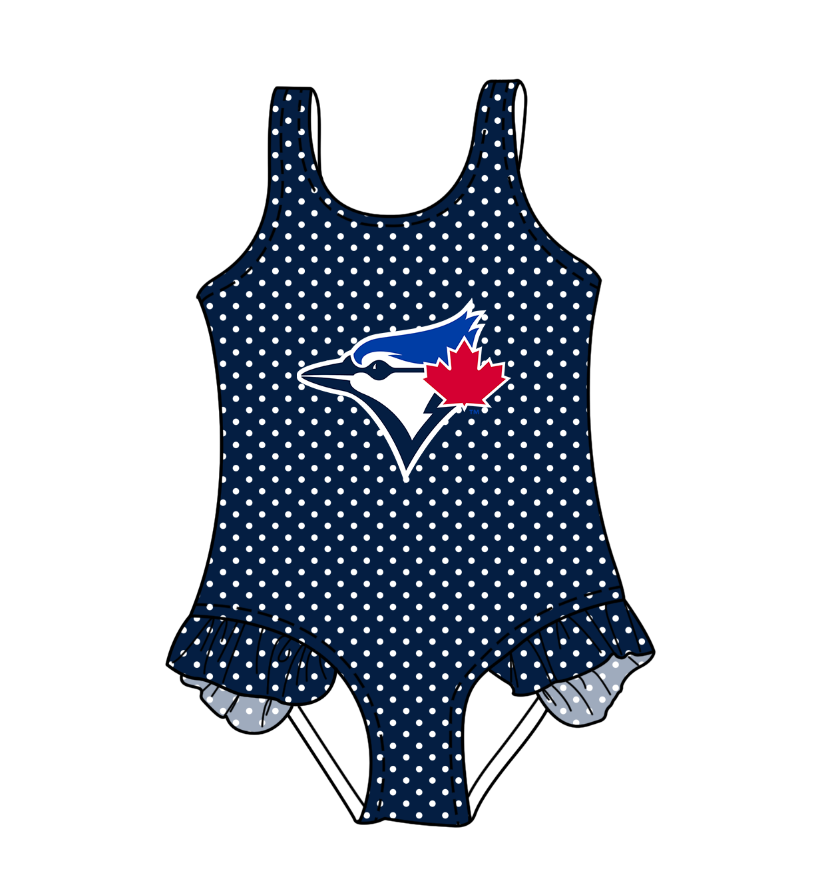 CUSTOM MOQ 5 Cute Comfortable Clothing For Kids Baby Girls Dark Blue Polka Dots Ruffle Team One Piece Swimsuits