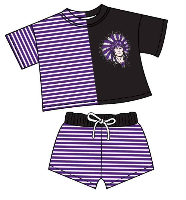 CUSTOM MOQ 5 Baby Kids Summer Purple Stripe Top Shorts Clothes Sets