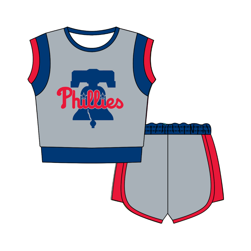 CUSTOM MOQ 5 Cute Comfortable Clothing For Kids Baby Kids Summer Grey Blue Sleeveless Patchwork Top Shorts Clothes Sets