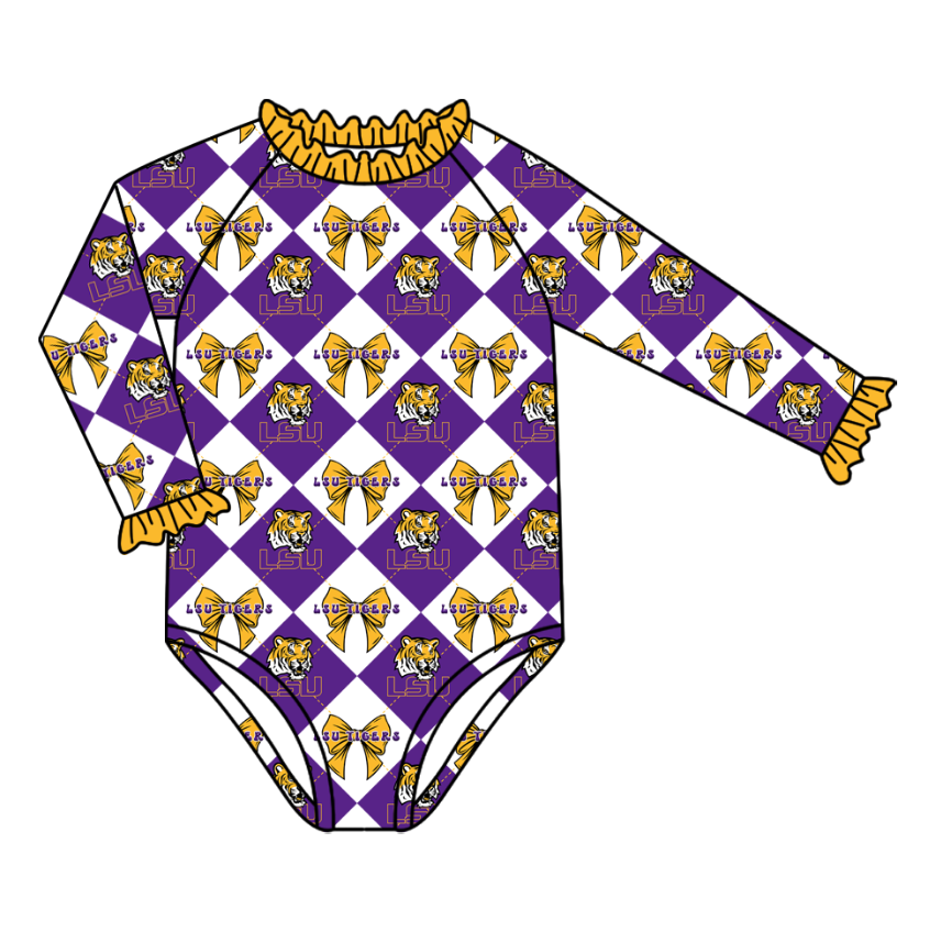 CUSTOM MOQ 5 Baby Girl Clothes Purple Bow Plaid Team Long Sleeve Swimsuits