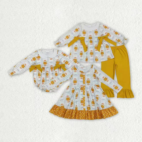 9.23 RTS Sibling Baby Girls Pumpkins Bows Stripes Fall Ruffle Clothes Sets Rompers
