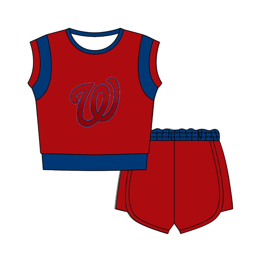 CUSTOM MOQ 5 Cute Comfortable Clothing For Kids Baby Kids Summer Bright Red Sleeveless Patchwork Top Shorts Clothes Sets