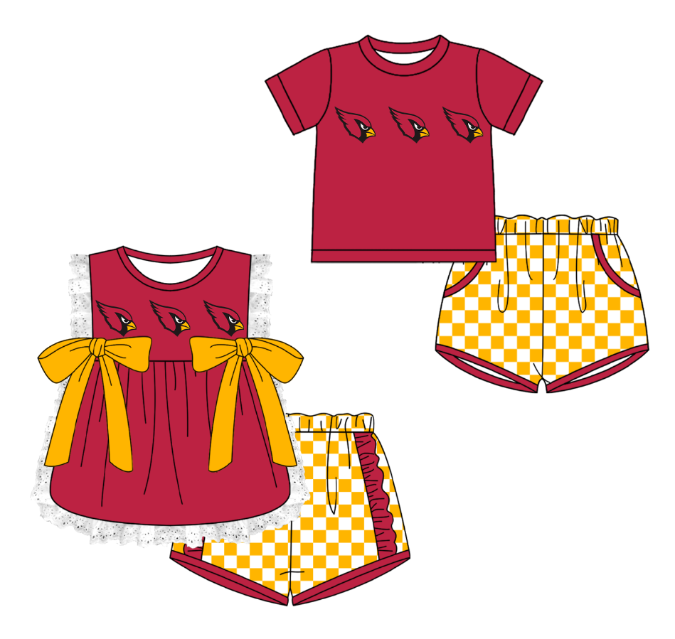 CUSTOM MOQ 5 Cute Kids Clothing Sibling Boys Baby Girls Summer Red Top Golden Checked Shorts Team Clothes Sets