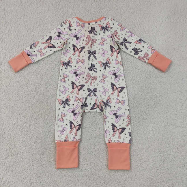 LR3078 Sample No Moq Baby Girls Bows Spiders Halloween Two Way Ruffle Zip Convertible Romper