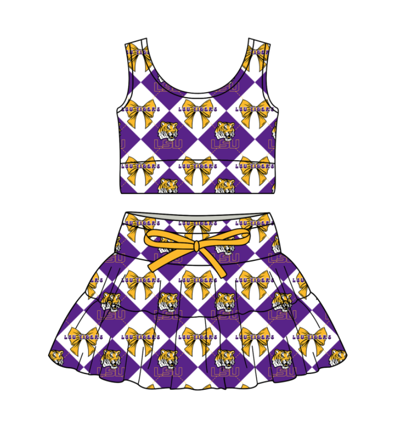 CUSTOM MOQ 5 Baby Girl Clothes Purple Bow Plaid Top Skirts Yoga Active Team Clothes Sets