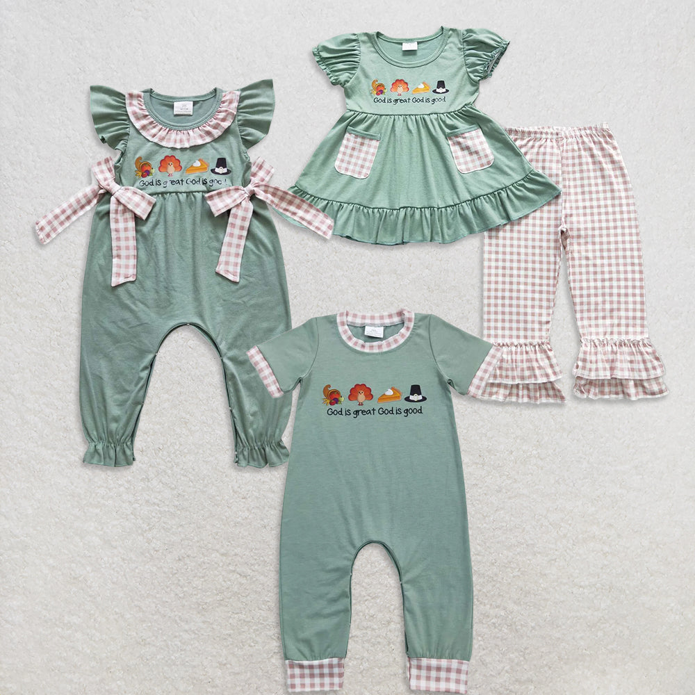 USA Warehouse (IN STOCK) Thanksgiving God Is Great God Is Good Turkey Romper for Boys And Girls Cute Faith-inspired Outfit for Holiday Celebrations
