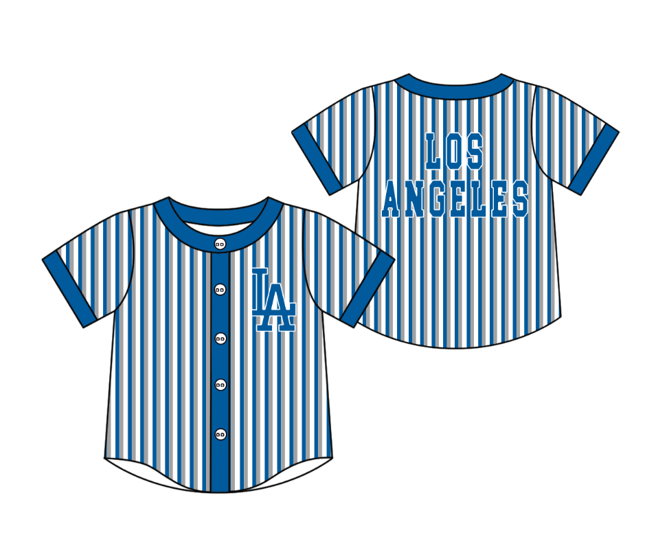 CUSTOM MOQ 5 Cute Kids Clothing Baby Kids Blue Gray Stripe Short Sleeve Team T-shirts Top
