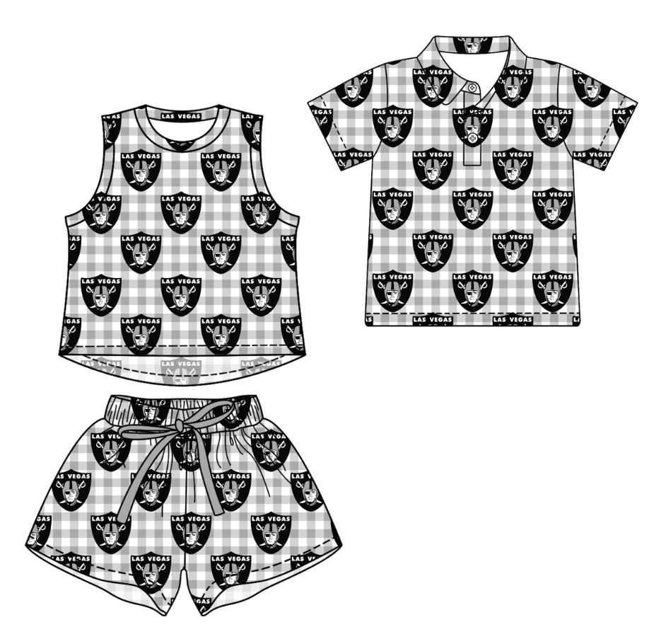 3.16 CUSTOM MOQ 5 Sibling Boys Baby Girls Summer Fashion Gray Check Sleeveless Top Shorts Button Polo Shirts Team Clothes Sets