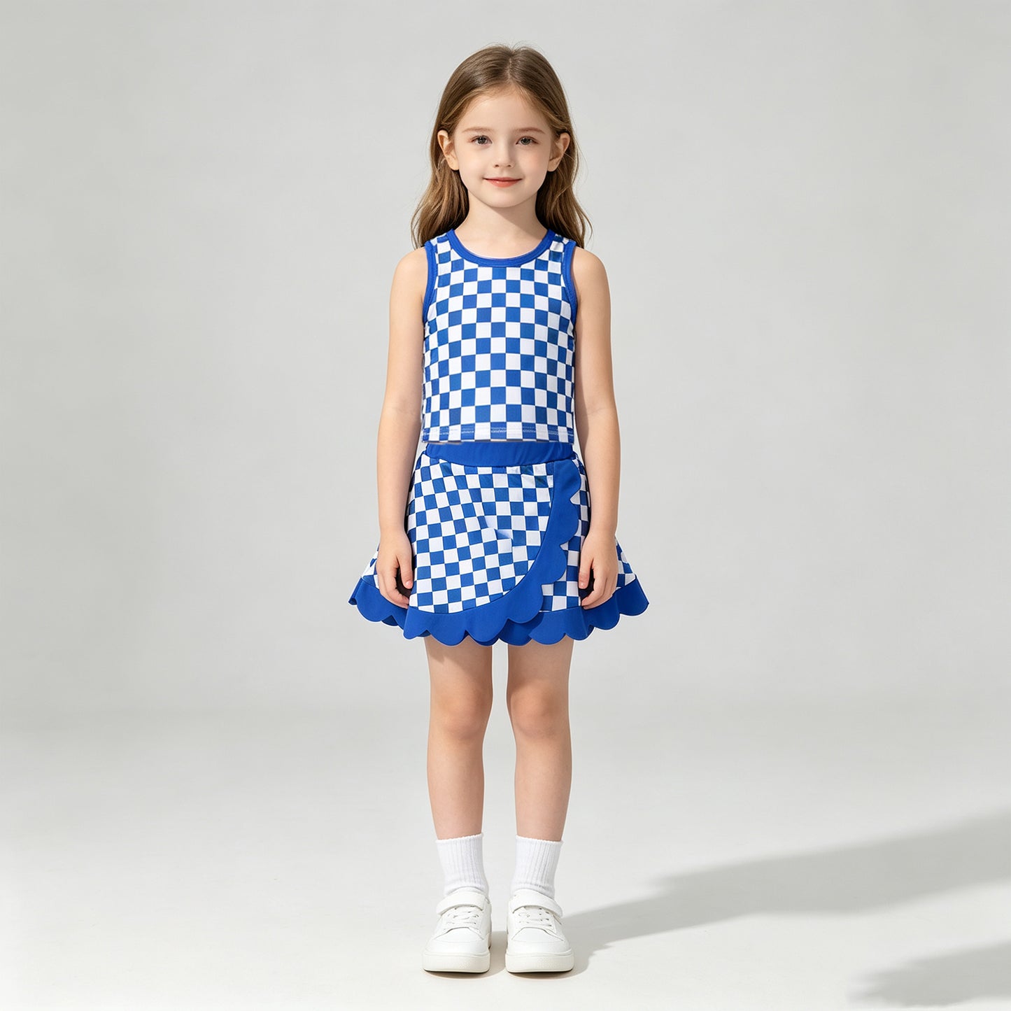 GSD4110 RTS NO MOQ (In stock)Yoga Baby Girls Hot Blue Check Sleeveless Scallop Hem Vest Skort Yoga Active Clothes Set