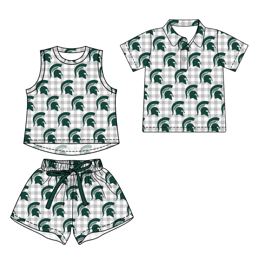 3.16 CUSTOM MOQ 5 Sibling Boys Baby Girls Summer Fashion Gray Check Green Sleeveless Top Shorts Button Polo Shirts Team Clothes Sets