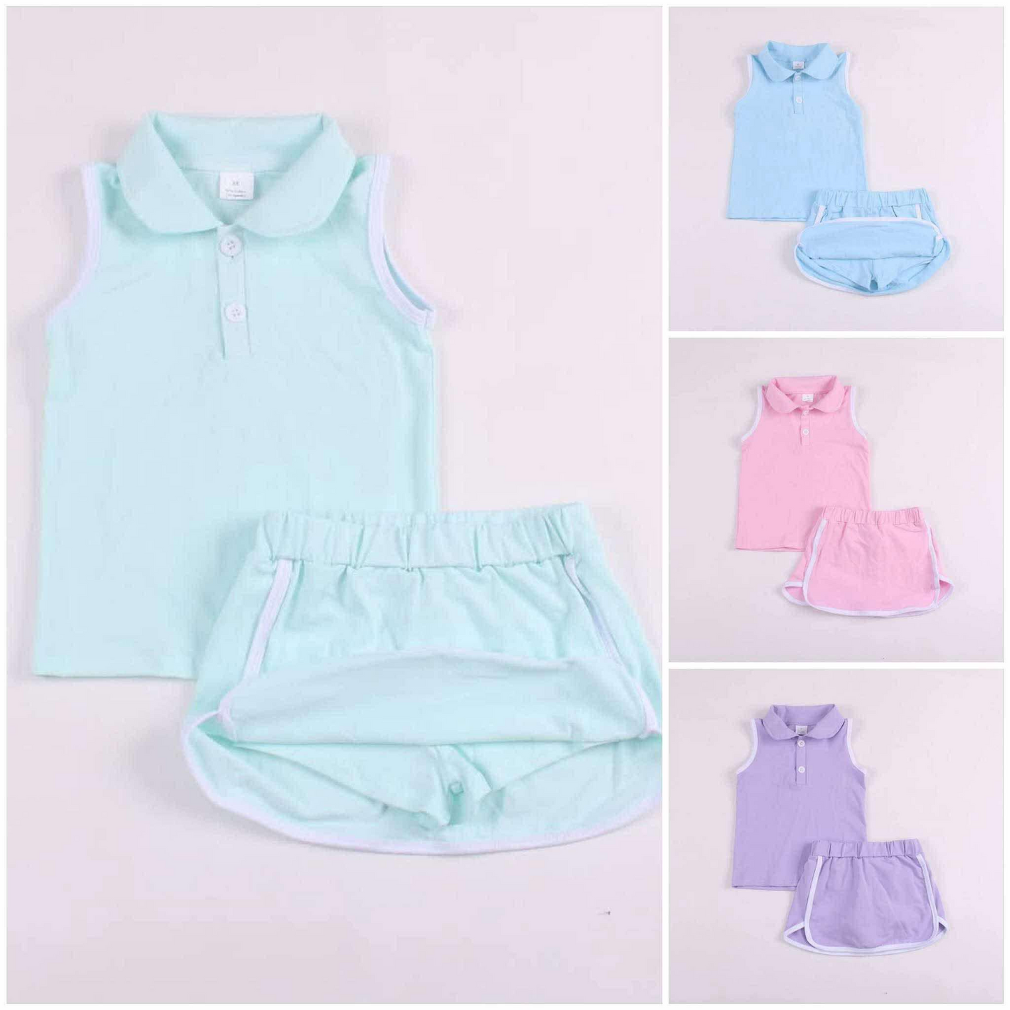 Baby Girls Blue Sleeveless Button Down Top Skirt With Short Cotton Set