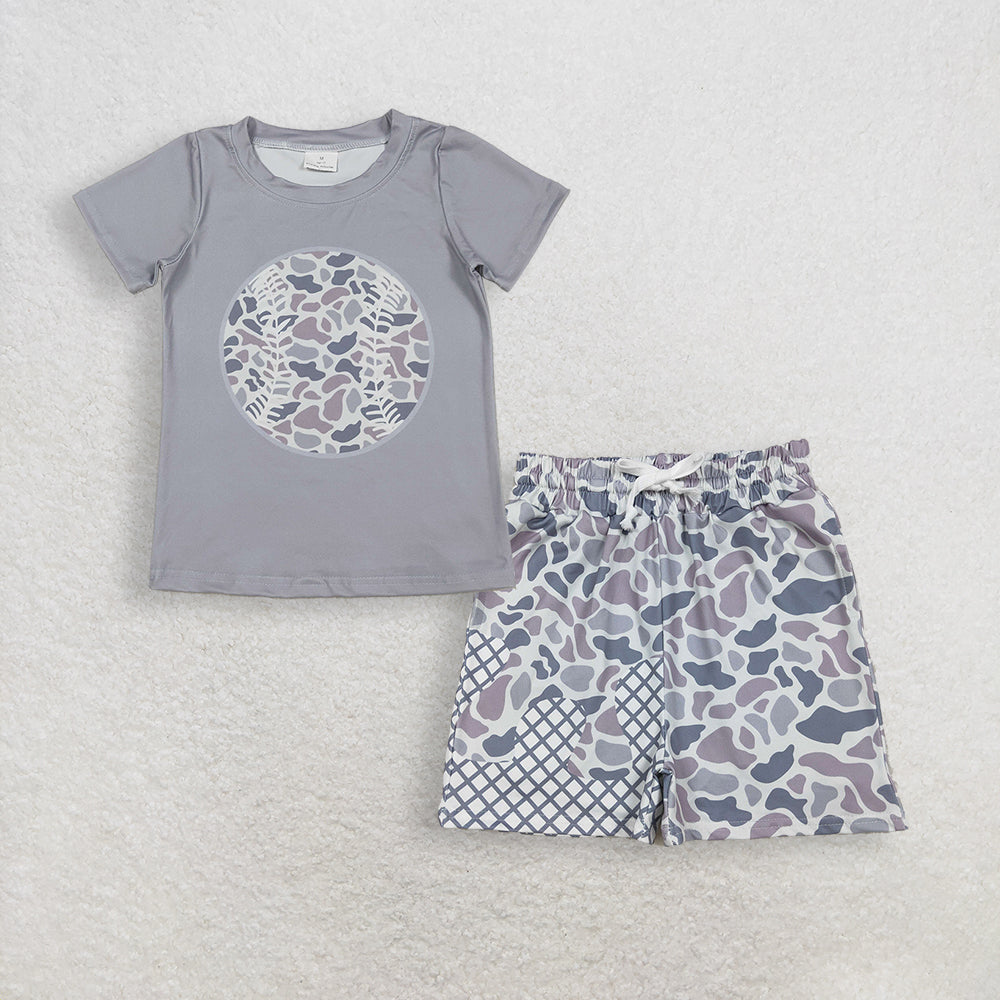 3.14 RTS NO MOQ (In stock)BT1430 + S0586 Fashion Clothing For Baby Boys Short Sleeve Light Grey Camo Baseballs Team T-shirts Top Drip Team Shorts Bottom