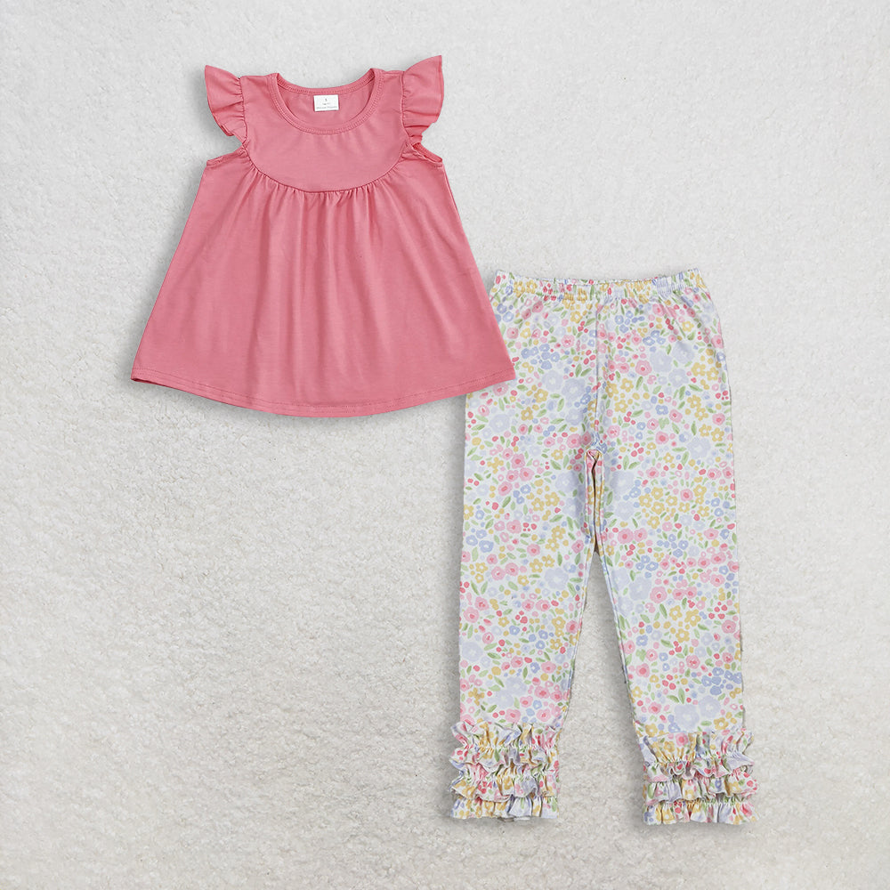 3.11 RTS NO MOQ (In stock)GT0462 + P1005 Baby Girls Dark Pink Flutter Sleeve Tunic Tops Flowers Ruffle Legging Pants Bottom