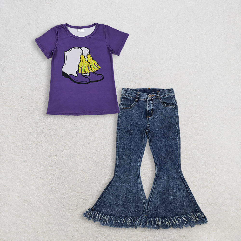 3.3 RTS NO MOQ (In stock)GT1254 + P0132 Baby Girls Summer Mardi Gras Purple Boots Top Denim Jeans Pants Clothes Sets