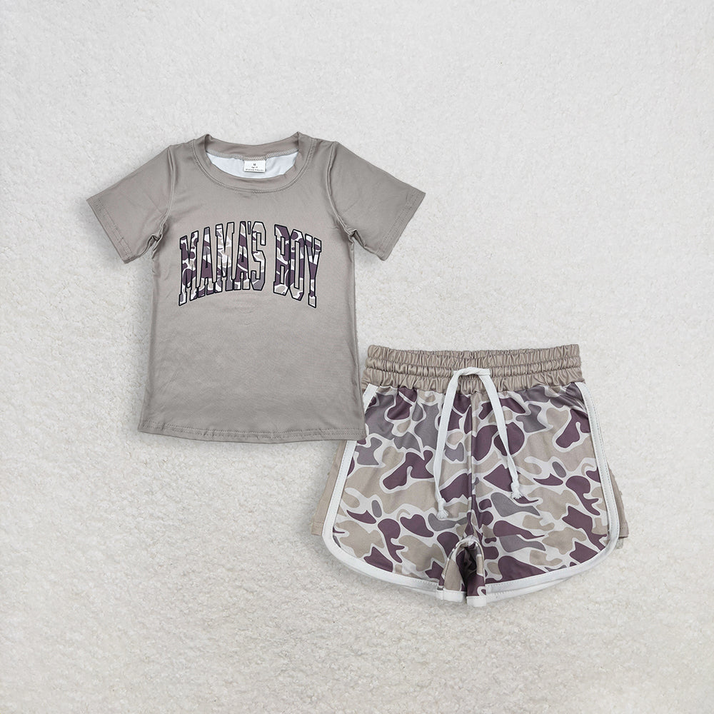 3.16 RTS NO MOQ (In stock)BT1186 + SS0738 Fashion Clothing For Baby Boys Light Green Mama's Boy Camouflage Short Sleeve Tee Shirts Tops Shorts Bottom