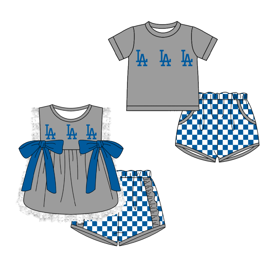 CUSTOM MOQ 5 Cute Comfortable Clothing For Kids Sibling Boys Baby Girls Summer Gray LA Top Checked Shorts Team Clothes Sets