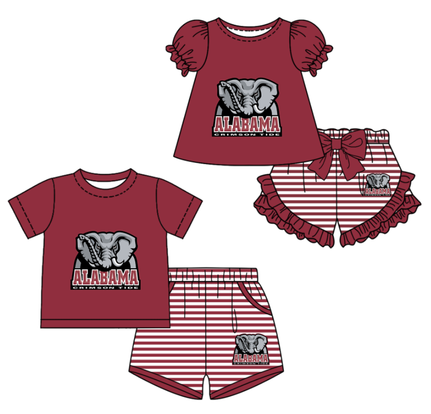 CUSTOM MOQ 5 Sibling Boys Baby Girls Red Elephant Top Stripe Shorts Clothes Sets