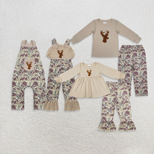 USA Warehouse (IN STOCK) Girls Deer Tunic Camo Ruffle Pants Set Kids Hunting Clothing with Straps Deer Pocket Boys Camo Overalls for Children
