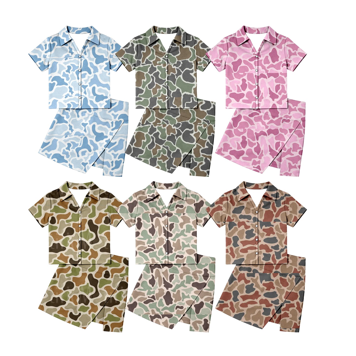 CUSTOM MOQ 5 Sibling Baby Girls Summer 6 Colors Camo Short Sleeve Skirt Clothes Sets