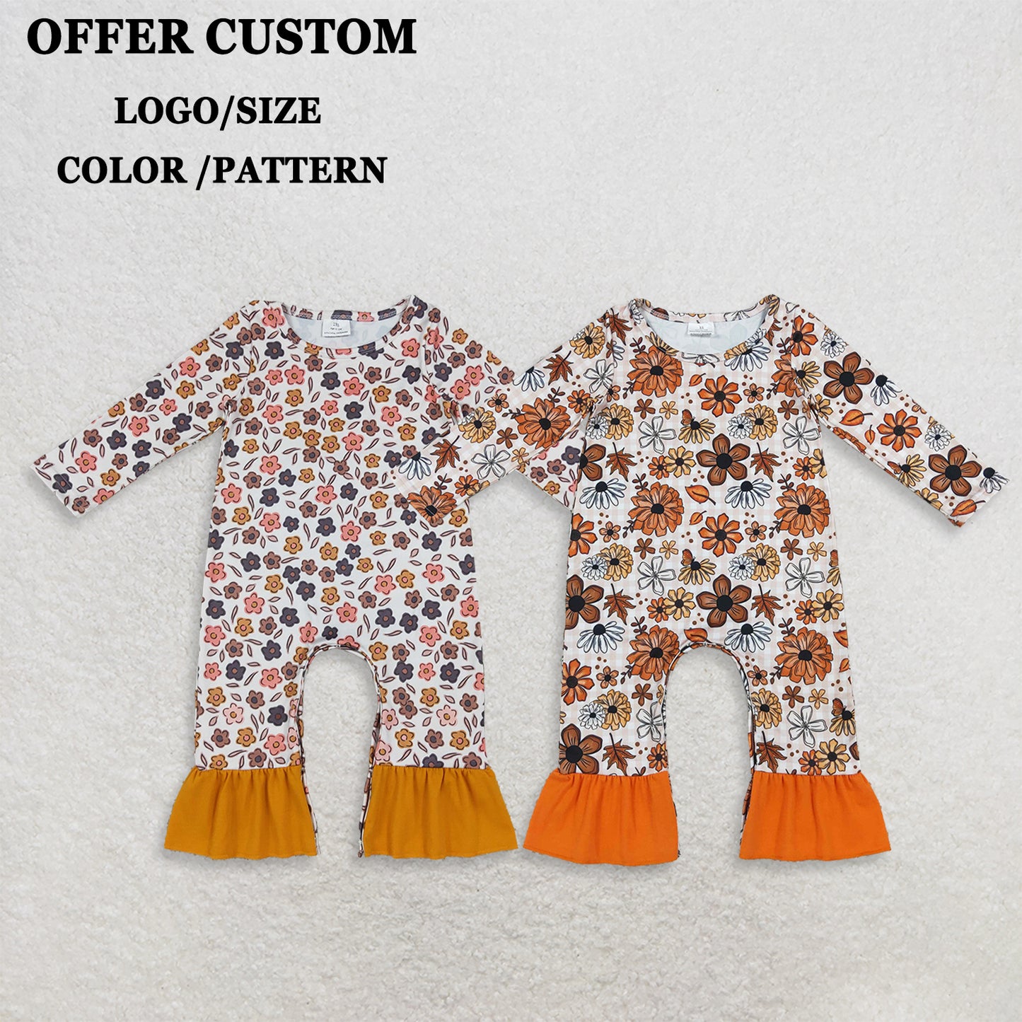 RTS Sibling milk silk Baby Girls Long Sleeve Flowers Leaves Print Fall Ruffle Pant Rompers