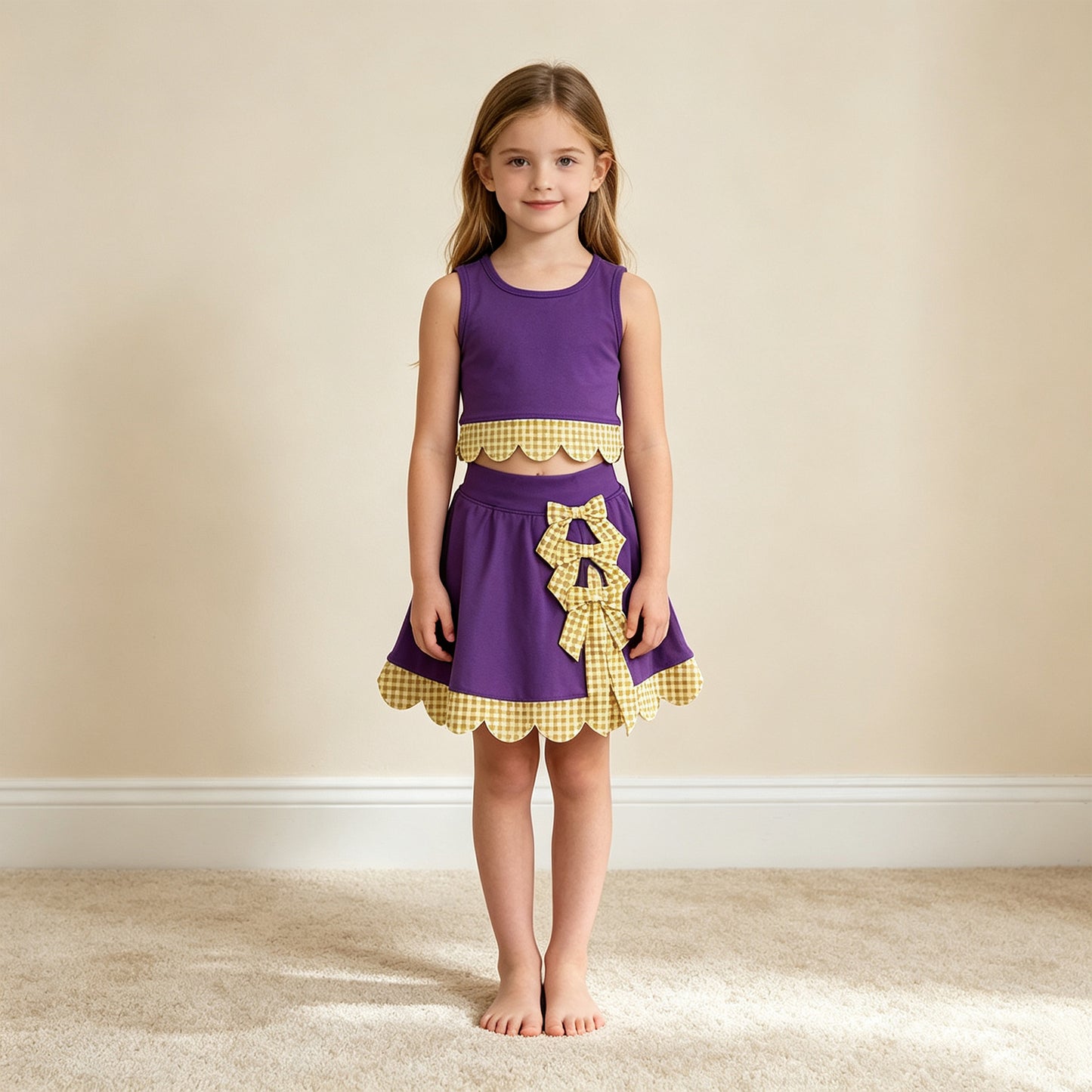 RTS NO MOQ (In stock)yoga fabric GSD4267 Yoga Baby Girls Purple Yellow Vest Bows Skirt Short Yoga Active Scallop Set