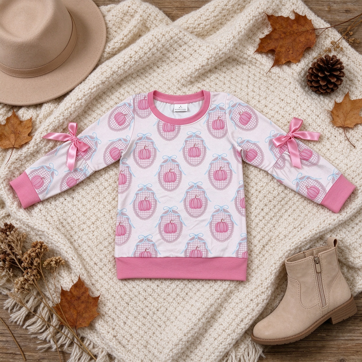 RTS NO MOQ (In stock)milk silk GT1657 Baby Girls Long Sleeve Pink Bows Pumpkins Checked Print Fall Casual T‑shirt Top