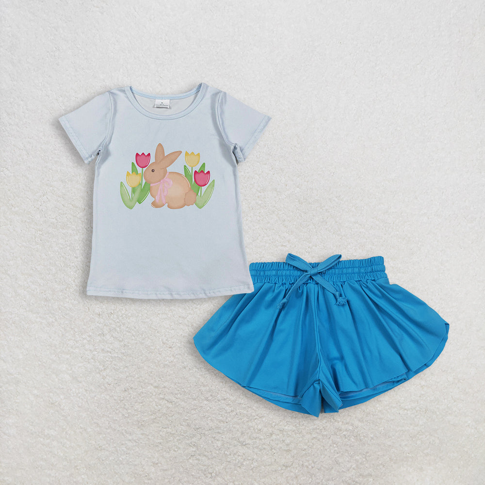 3.5 RTS NO MOQ (In stock)GT1398 + SS0549 Baby Girls Blue Short Sleeve Flowers Rabbits Easter T-shirts Top Summer Shorts Bottoms