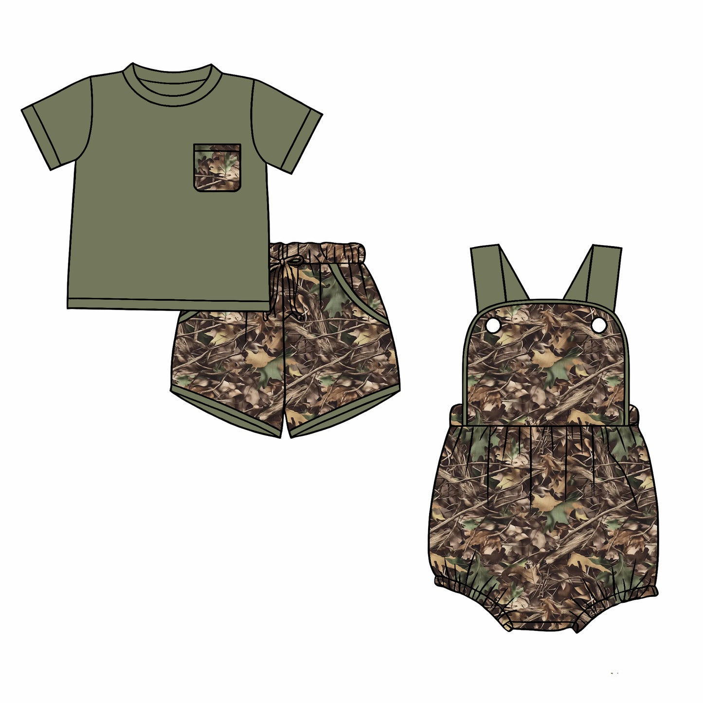 CUSTOM MOQ 5 Sibling Baby Boys Summer Green Trees Short Sleeve Shorts Rompers Clothes Sets