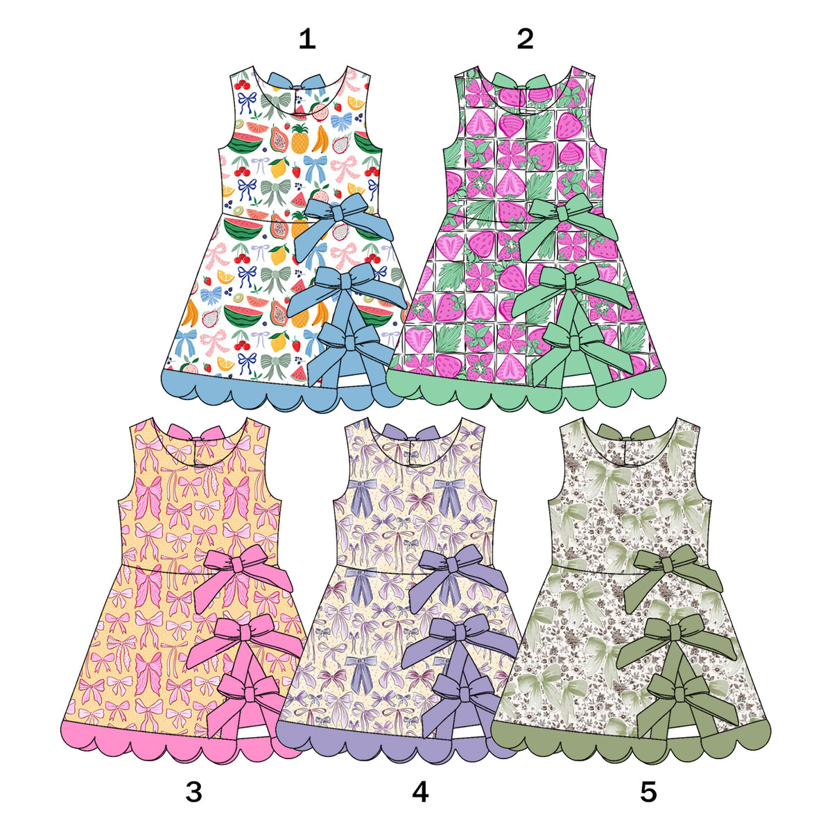 CUSTOM MOQ 5 mix size Girls Sleeveless A‑Line Dress Bow Scallop Summer Kids Dresses