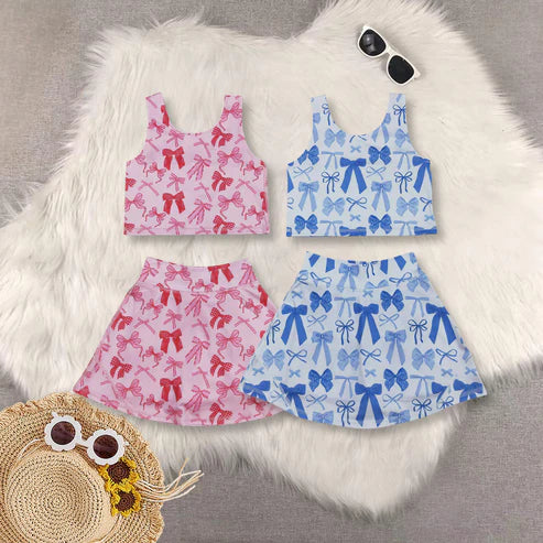 9.24 RTS Sibling Baby Girls Sleeveless Blue Pink Bows Vest Top Yoga Athletic Skorts Sets