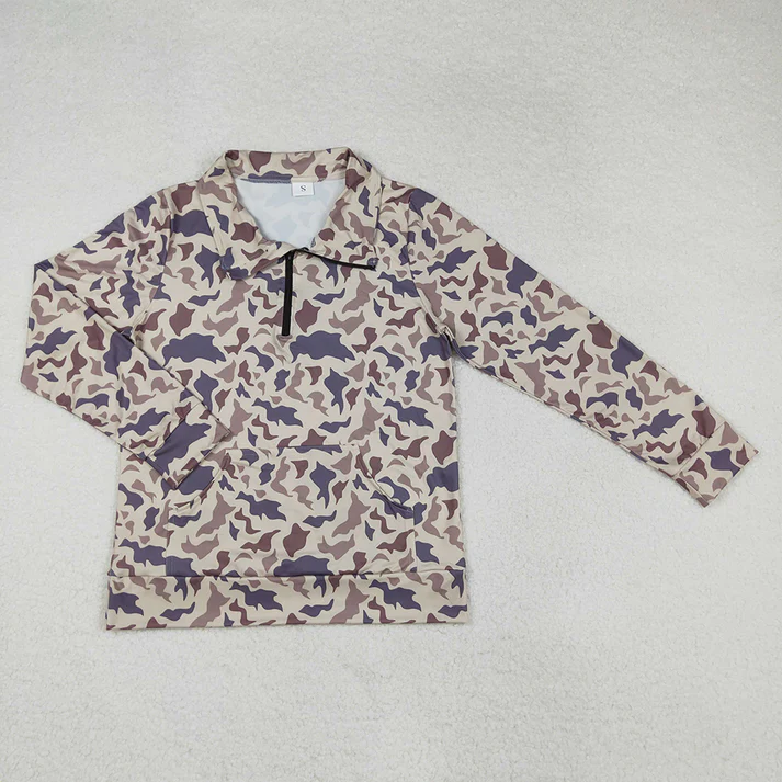 Adults women and Baby Girls Khaki Camouflage Zipper Stand Collar Pullover Long Sleeve Top
