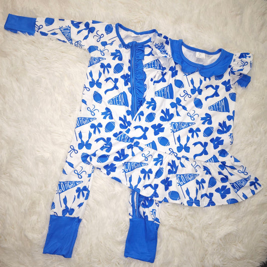 10.22 RTS Sibling Baby Girls Blue Bows Footballs Go Team Zipper Romper Dresses