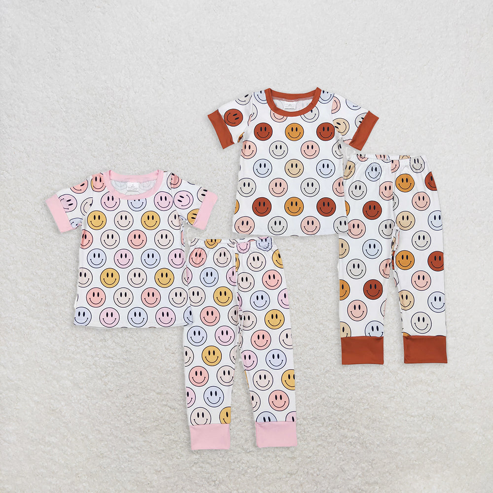 7.02 Sibling Brown short sleeves smile kids boy and girls pajamas Sets