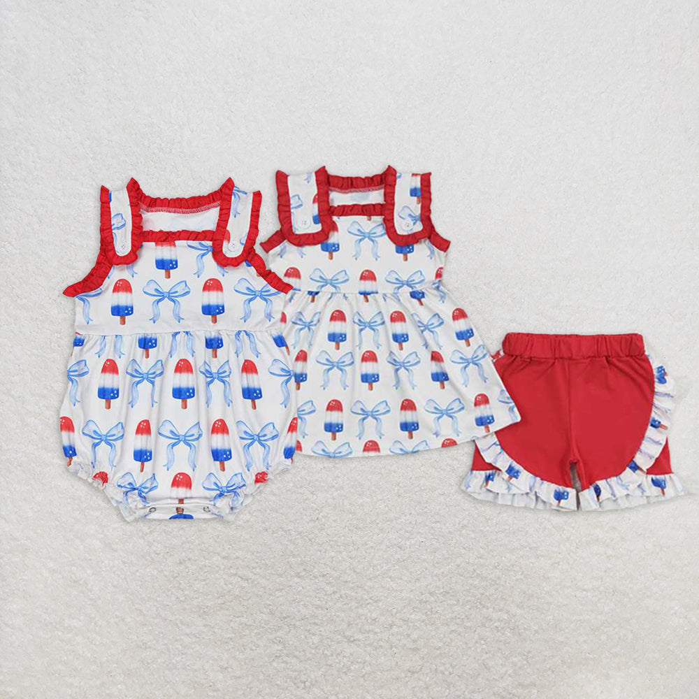 6.11 RTS NO MOQ Sleeveless popsicle bow girls 4th of july outfits rompers