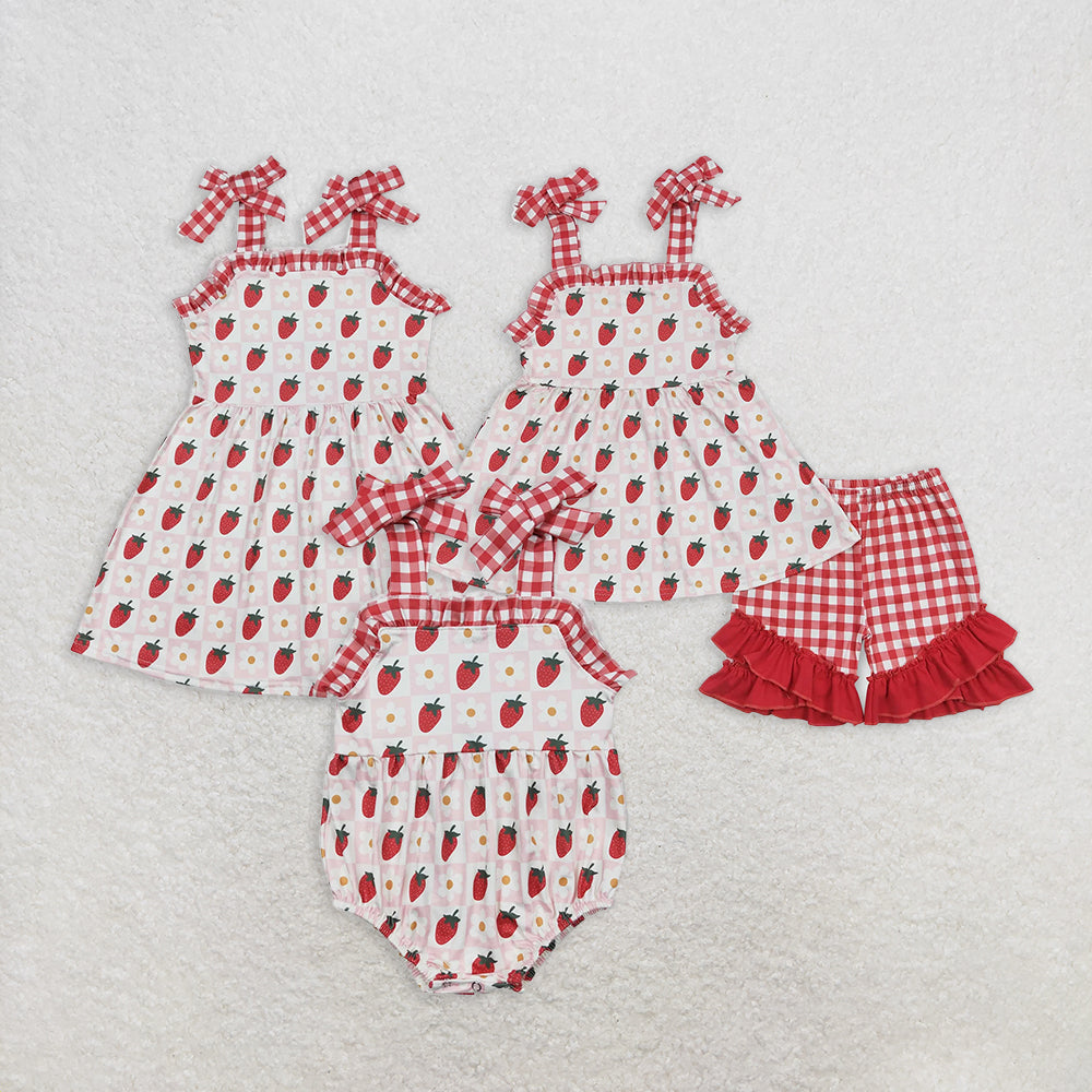 6.24 RTS NO MOQ Floral strawberry plaid tunic ruffle shorts girls clothes dress rompers