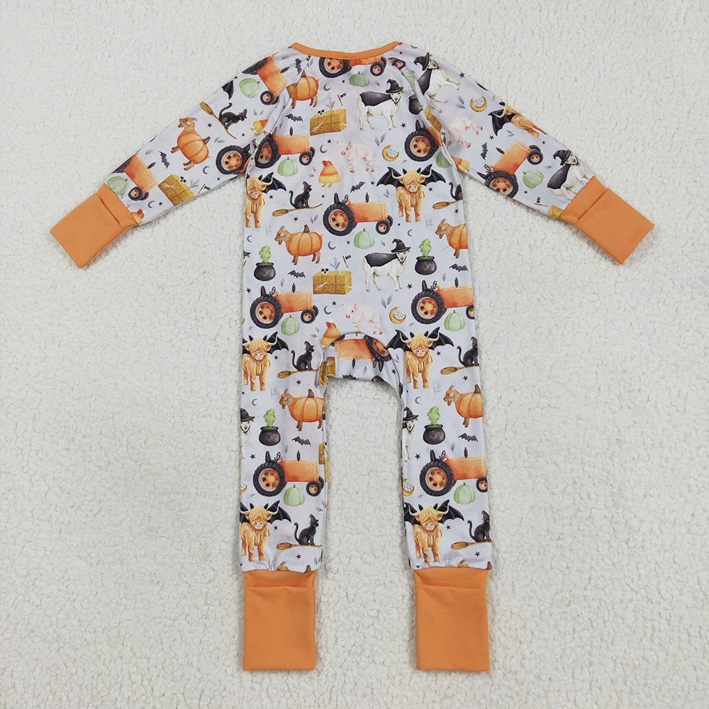 8.22 RTS NO MOQ (In stock)LR2444 Baby Girls Winter Rompers Baby Girls Farm Bats Pumpkins Halloween Zipper Footie Rompers