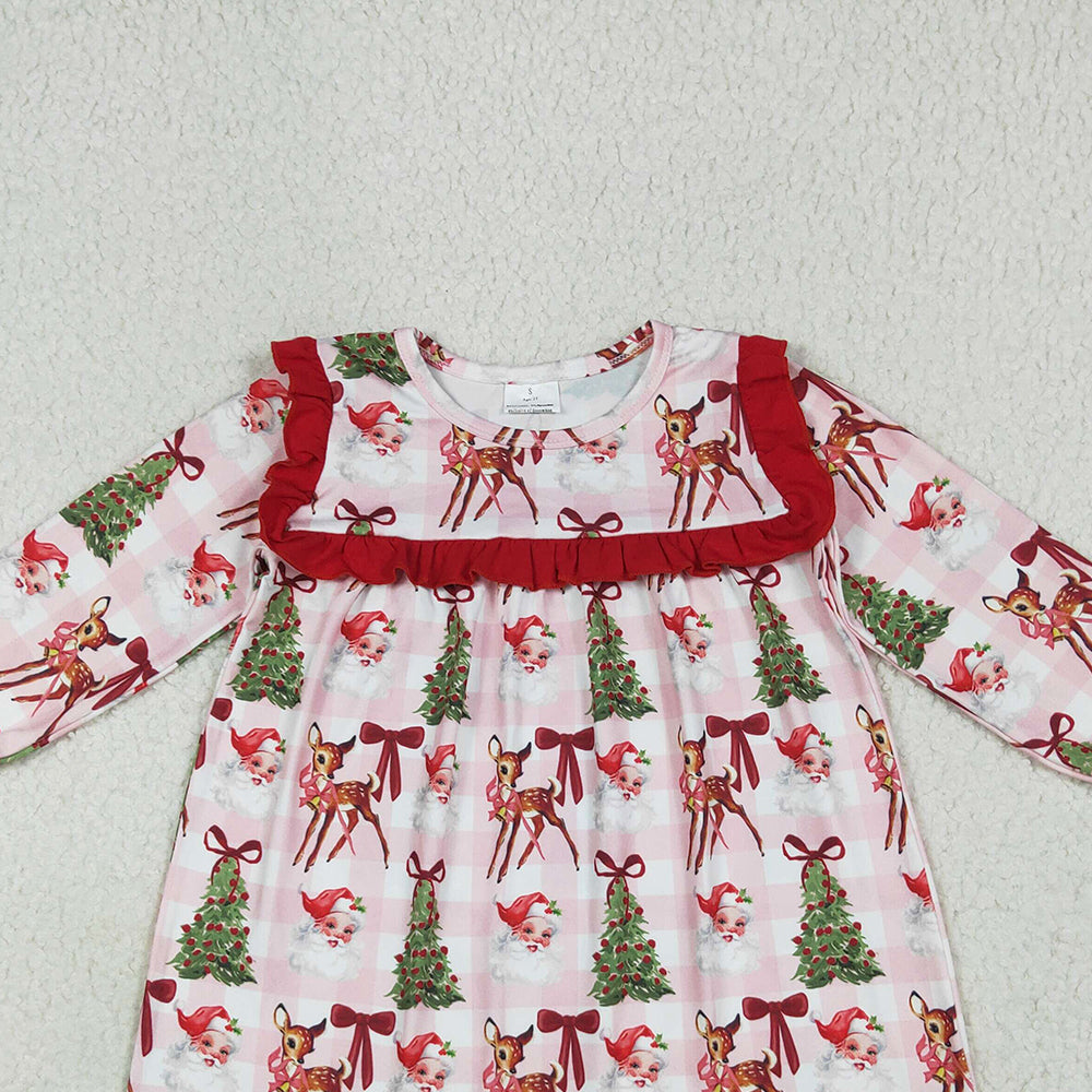 8.15 GLD1092 RTS NO MOQ Baby Girls Winter Dress Baby Girls Plaid Long Ruffle Sleeves Santa Trees Knee Length Dresses