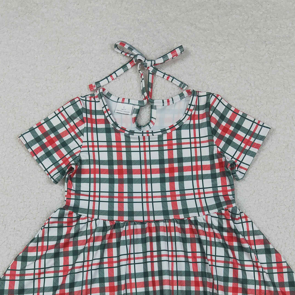 RTS NO MOQ (In stock)GSD2613 Baby Girls Summer Dress Baby Girls Red Green Checked Christmas Ruffle Knee Length Dresses