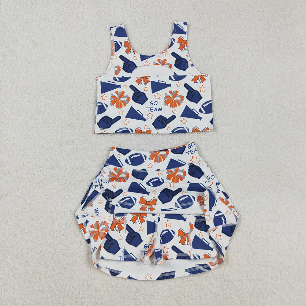 RTS NO MOQ (In stock)GSD2694 Baby Girls Yoga Sets Team Navy Footballs Yoga Sets Vest Top Short Skirts Fitness Clothing
