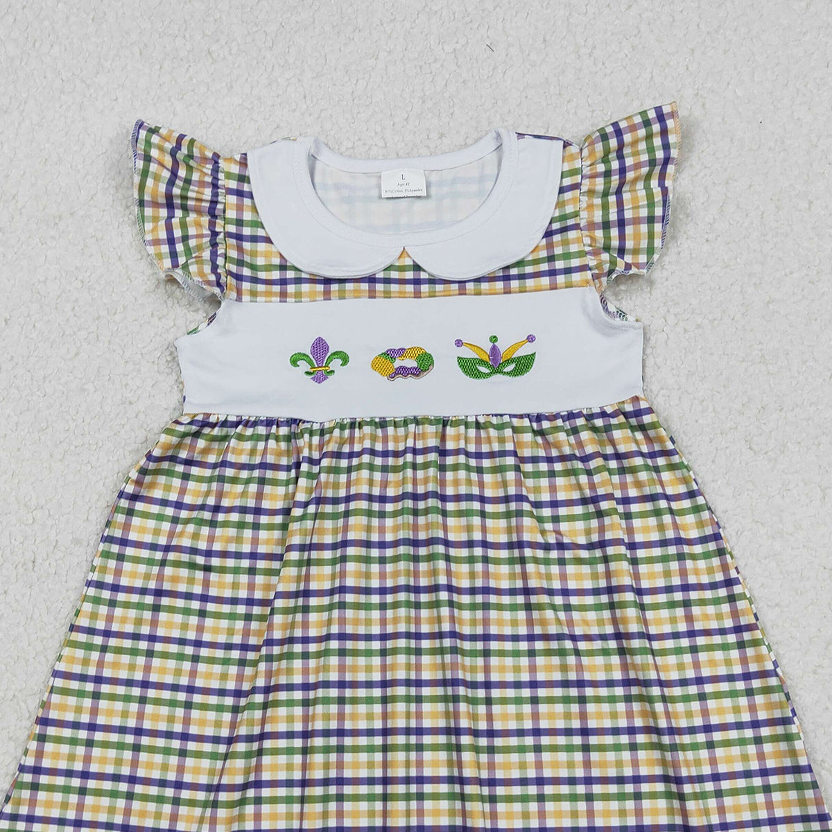 12.13 RTS NO MOQ (In stock)GSD2934 Embroidery Anchors Donuts Baby Girls Mardigras Checked Collar Knee Length Dresses