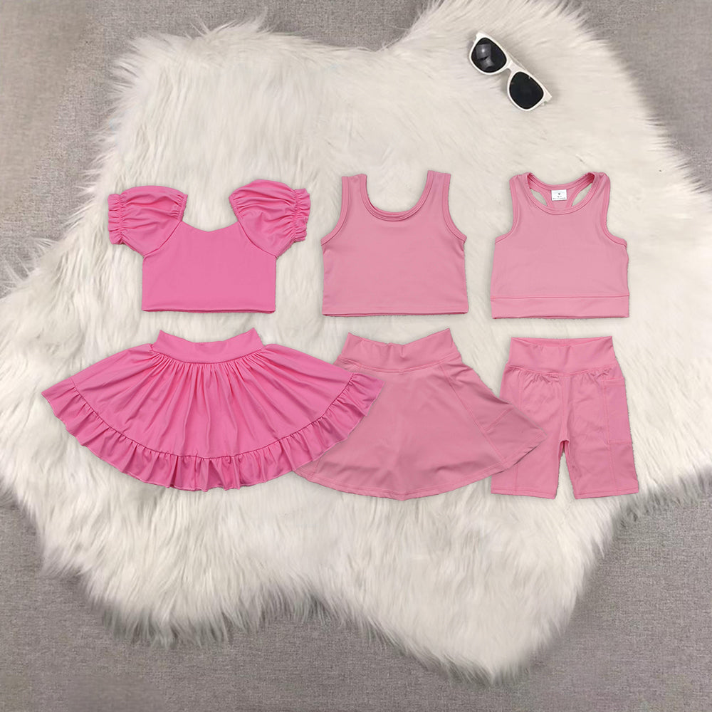 8.18 Sibling Baby Girls Yoga Outfits Pink short sleeves crop top ruffle skirt girls active set