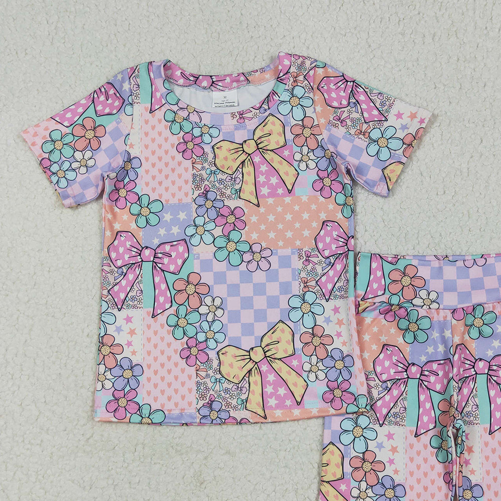 4.12 GSSO2509RTS NO MOQ Baby Girls Colorful Flower Bow Print Shorts Set