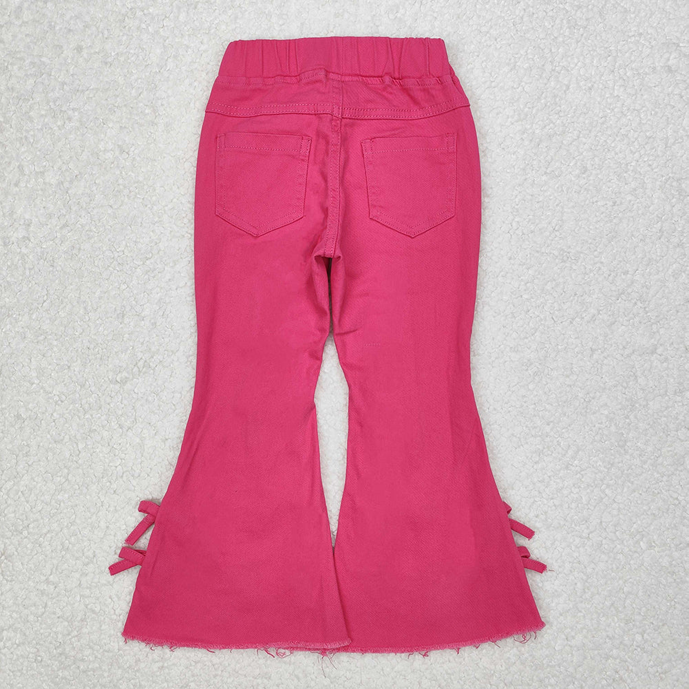 P0731 New Rts No Moq 8-9 Days By Air Arrived it Hot pink bow elastic waist kids girls flare jeans