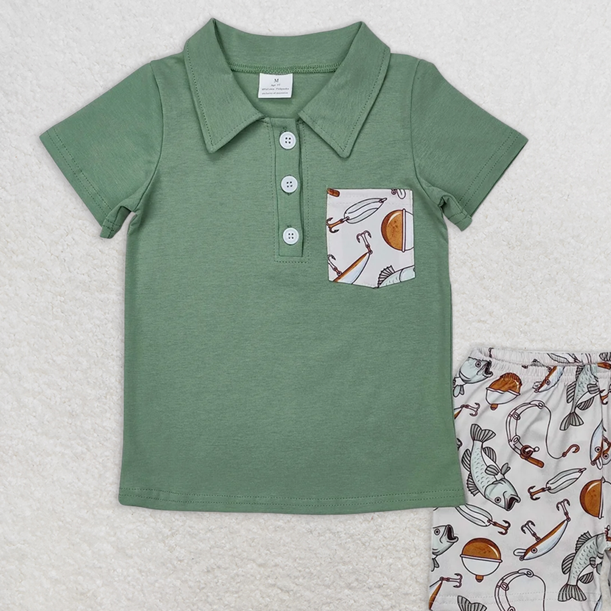 8.25 BSSO1216 RTS NO MOQ Baby Boys Summer Boys Outfits Fishing pocket green short-sleeved shorts set