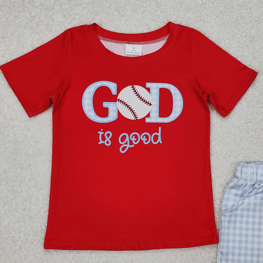 4.24 BSSO1248 RTS NO MOQ Red god is good baseball top plaid shorts boys clothes